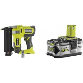 RYOBI R18GN18-0 18V ONE Plus Cordless 18 Gauge Nailer Bare Tool, One Size, Hyper Green & RB18L50 ONE+ Lithium+ 5.0Ah Battery, 18 V