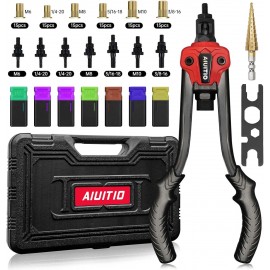 AIUITIO Rivet Nut Tool with a Step Drill Bit & 90 Nutserts Kit, 13 Heavy Duty Rivnut Tool Kit with 7 SAE & Metric Mandrels, Hand Threaded Riveter Tool Setter in Organized Carrying Case