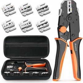 Preciva Crimping Tool Set,Ratchet Cable Crimp Plier Tool Kit, Electrical Terminal Cable Crimper with 6 Heads for Quick Change, Heat Shrink/Insulated/Bare/Ferrules/Spade Crimp/Solar Energy Terminals