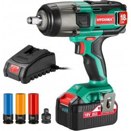 Impact Wrench, 18V 4.0Ah Battery, HYCHIKA Cordless Impact Driver 350Nm, 3000IPM Impact Frequency, 3pcs Sockets for 17/19/21mm, Adapter for 10mm Mandrel