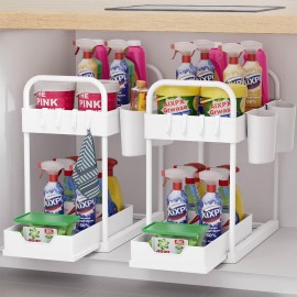 AIXPI 2 Tier Under Sink Storage with Bottom Sliding Basket Drawer,4 Ho