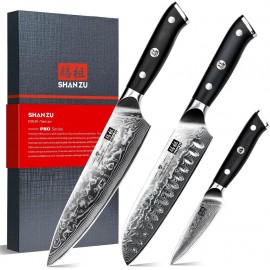 SHAN ZU Damascus Knife Set 3 PCS, Japanese Super Steel Damascus Kitche